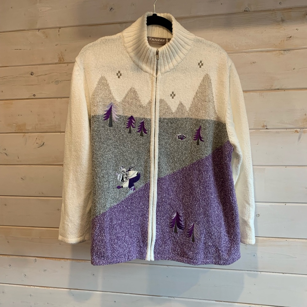 TanJay Cream, Gray & Purple Zip-Up Ski Motif Cardigan